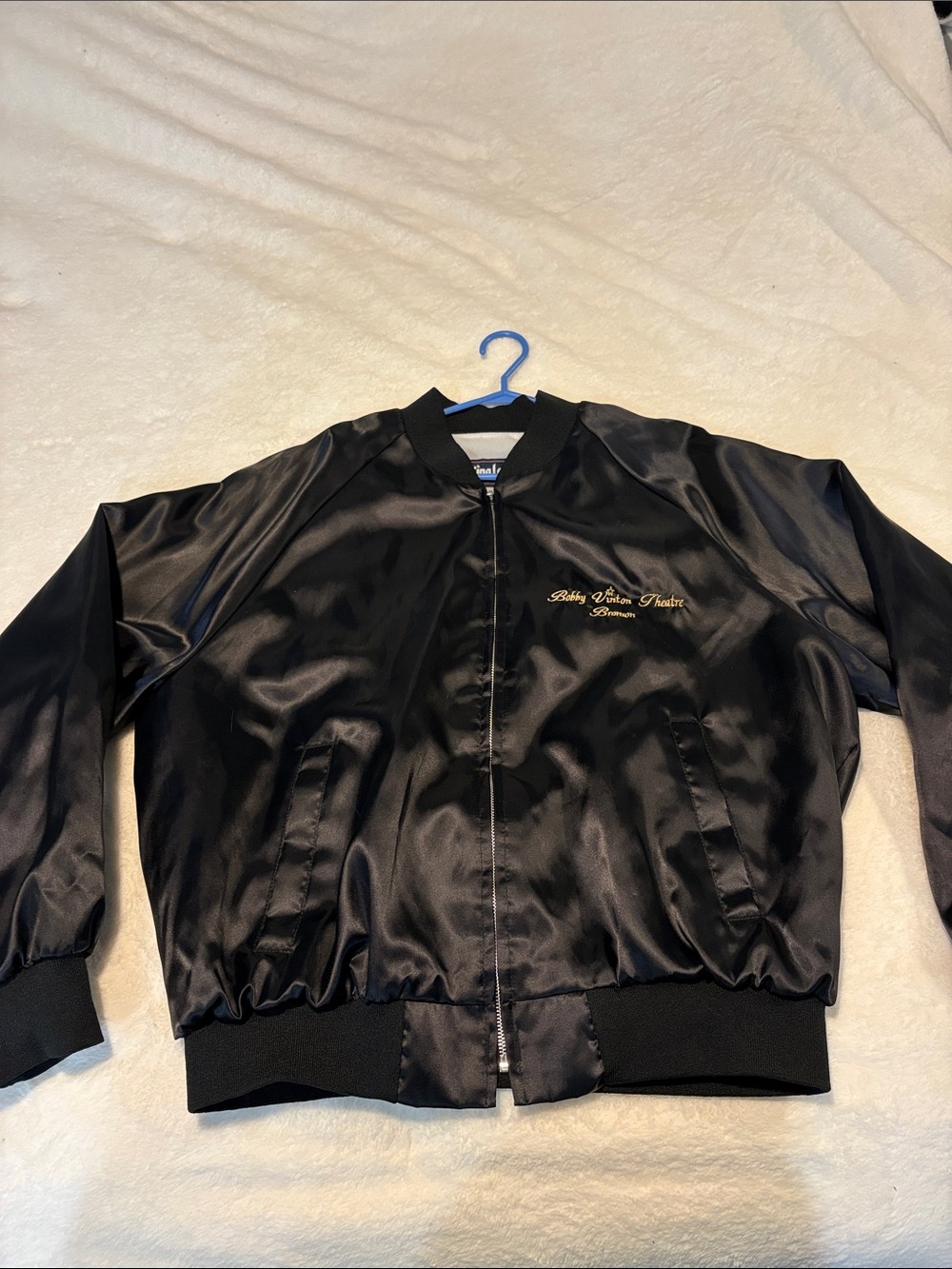 Black Satin Bomber Jacket with Gold Script